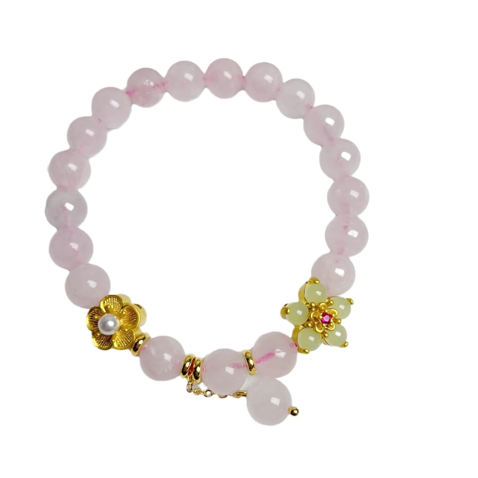 Pink crystal bracelet with peach blossom charm, handmade women's jewellery