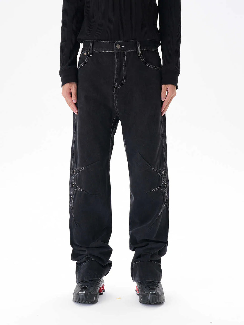 Men's black contrast colour wide leg machete jeans with mid waist and zipper fly, sizes M to 2XL