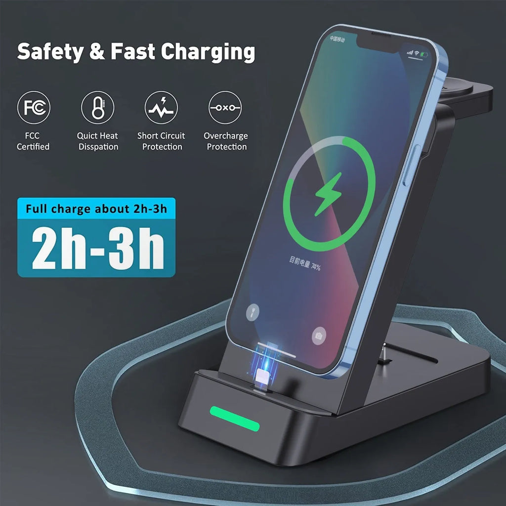 Black or white 3-in-1 wireless charging stand holding a phone, AirPods case, and an Apple Watch.