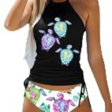 Colourful split print ladies swimsuit with conservative brief style and high-elasticity polyester fabric