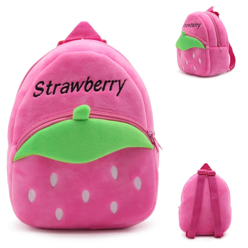 Children's strawberry backpack for toddlers, 23.5x21x10.5cm, in pink fabric with strawberry print