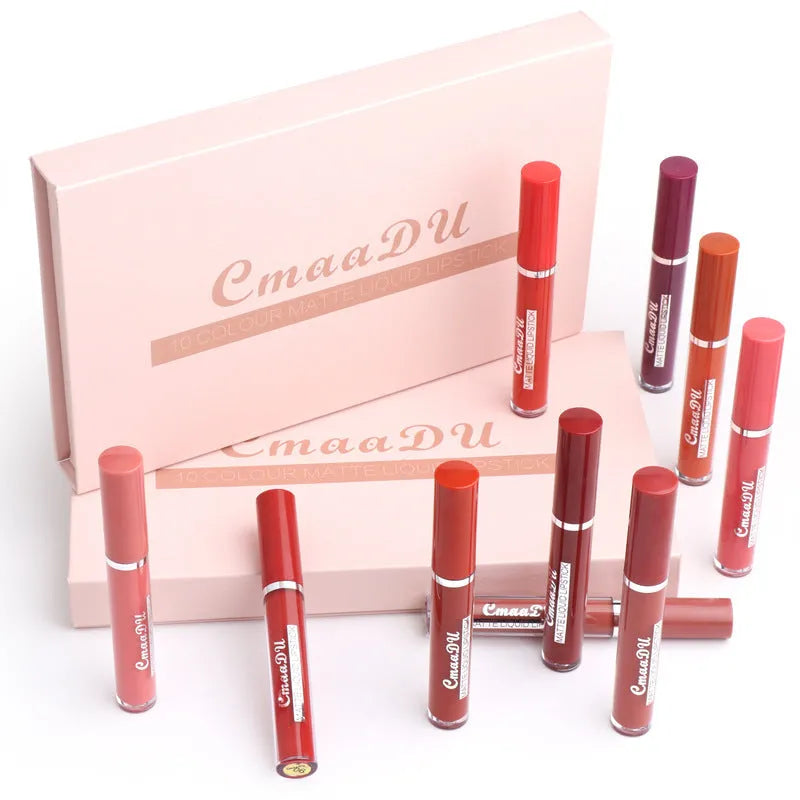 Set of 10 waterproof matte lipstick sticks in non-stick cup formula