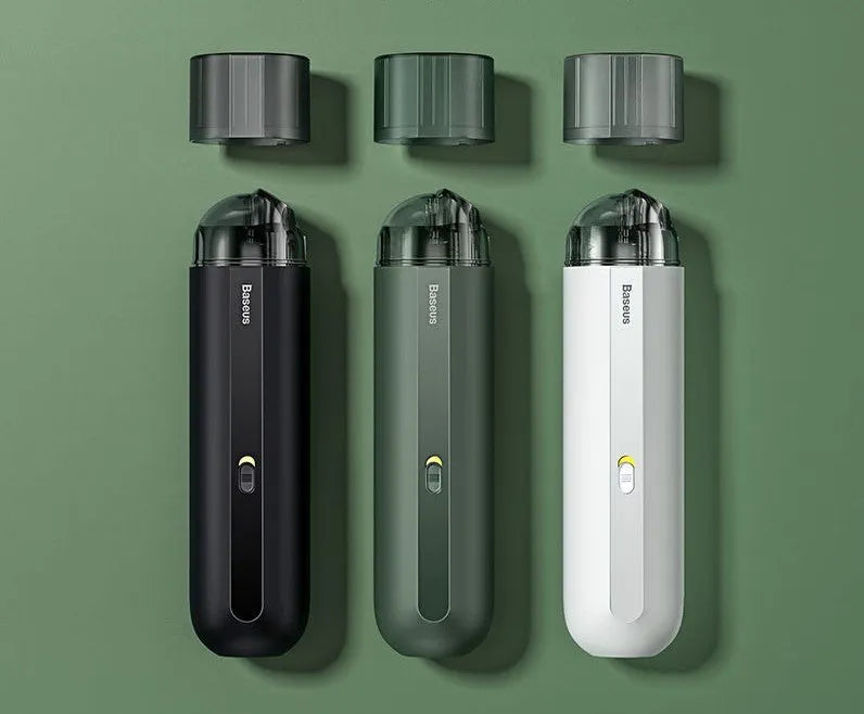 Baseus wireless handheld car vacuum cleaner in black, white, or green with blowing hose accessory.