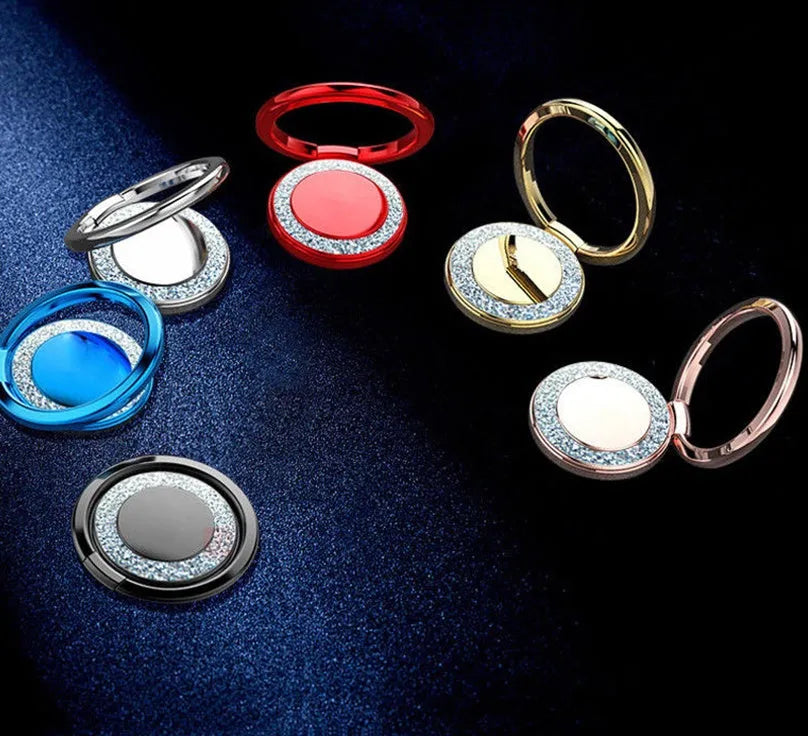 Bling glitter metal phone ring holder showing rotation and flip functions in multiple colours.
