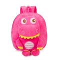 Soft blue dinosaur plush backpack for children with embroidery, shown with a soft handle and polyester lining.