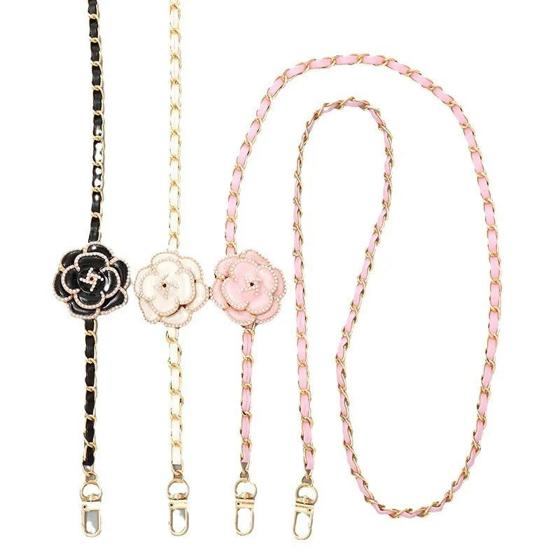 Artificial leather crossbody chain phone lanyard with rose and camellia floral pattern in Korean style, aluminium clip