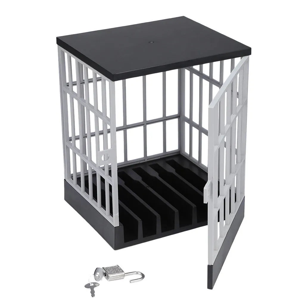 Grey plastic phone storage cage with six grooves and padlocks for locking mobile devices