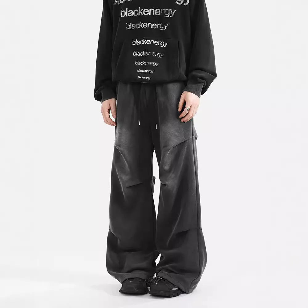 Men's straight loose cotton sweatpants with pleated design, elastic waist, in black and gray, sizes S-XXXL