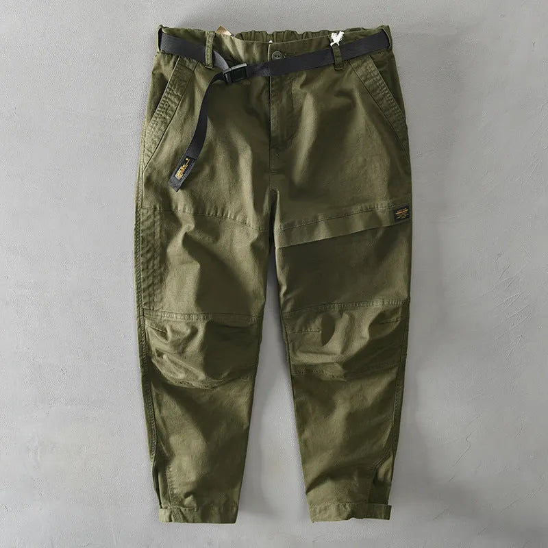 Men's casual Japanese overalls in cotton with micro-elastic properties showing loose fit trousers design