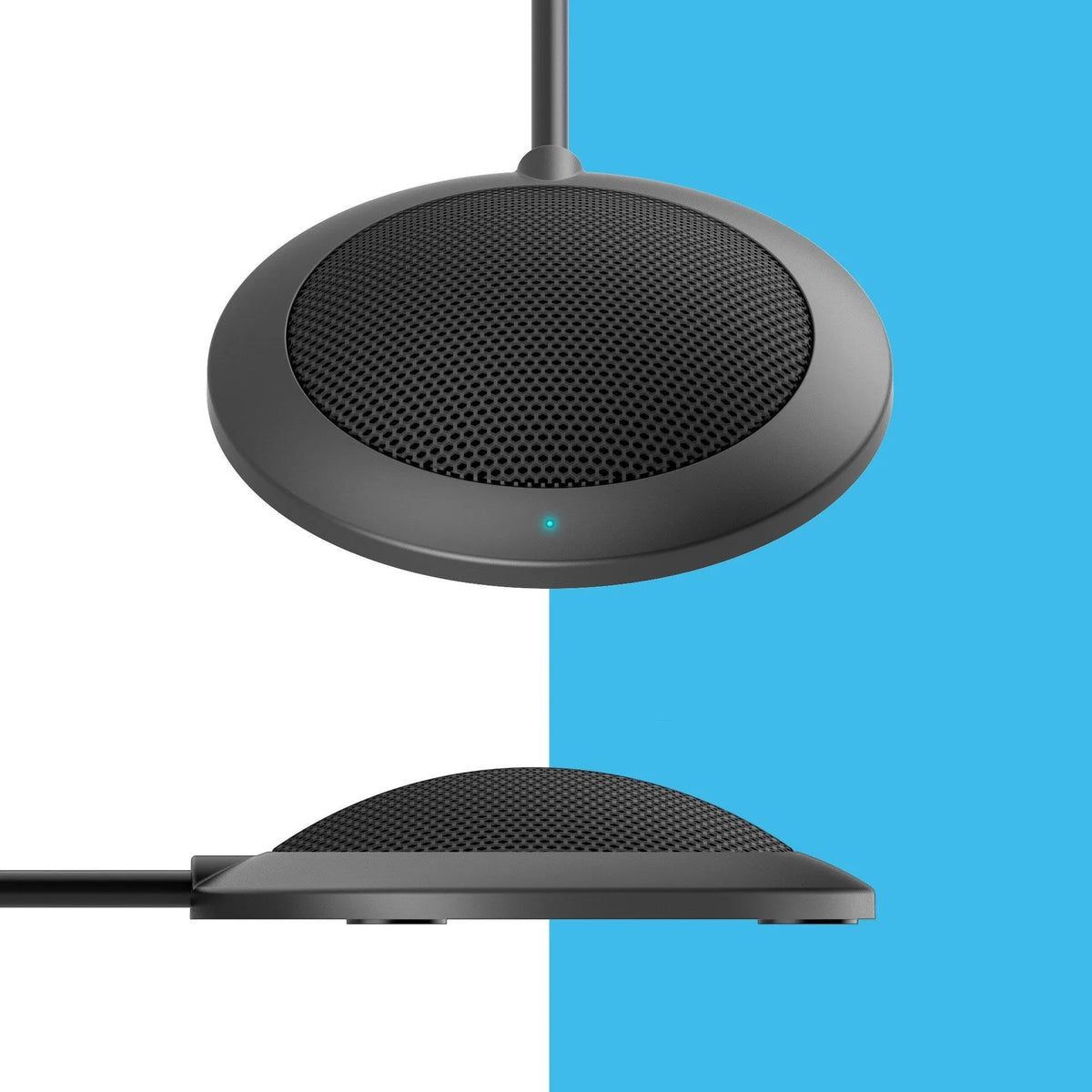 Black USB video conference microphone with zinc alloy shell and metal mesh cover, 70mm diameter, 15mm thick, 2m cable