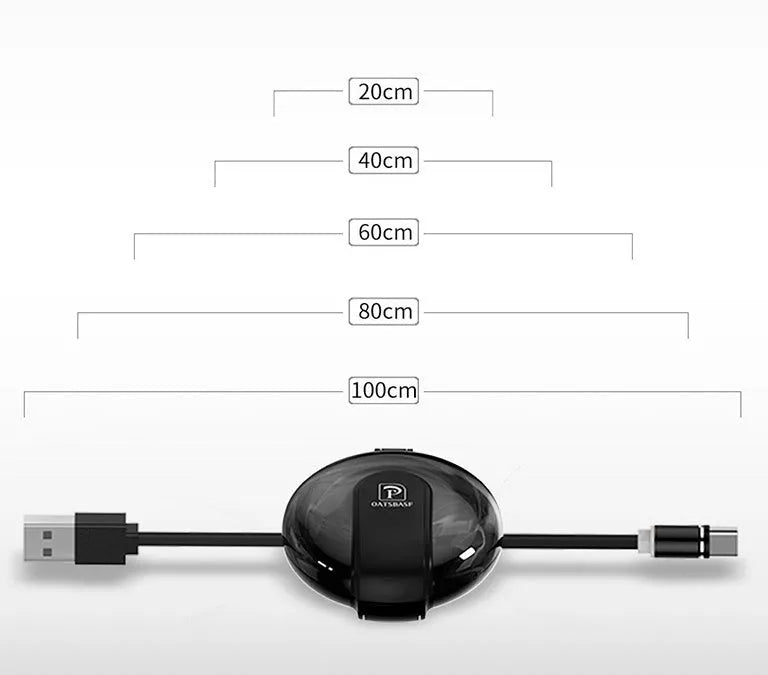 Black magnetic retractable style 3-in-1 charger with car mounting patch and retractable cable
