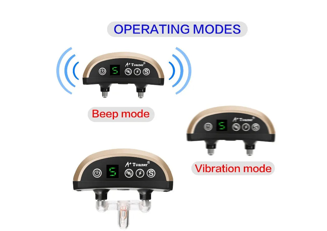 Digital display dog training collar with adjustable strap showing beep vibration shock modes