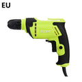 Black pistol-grip electric drill with a 10mm chuck on a workbench.