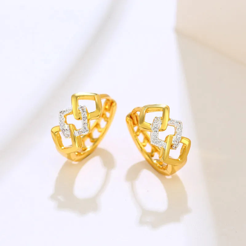 Gold geometric hollow-out clip-on earrings with electroplated alloy construction