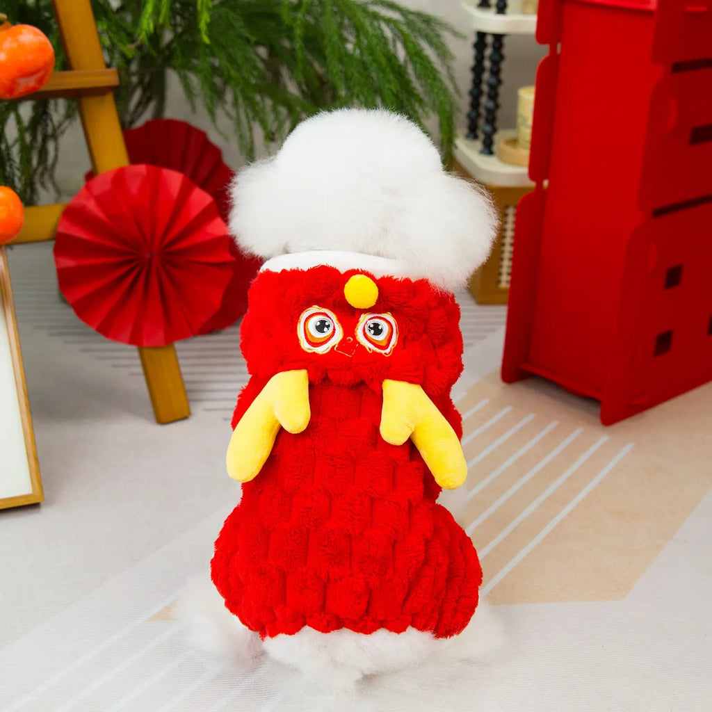 Red cartoon dragon pet jacket with double-sided velvet texture for dogs and cats