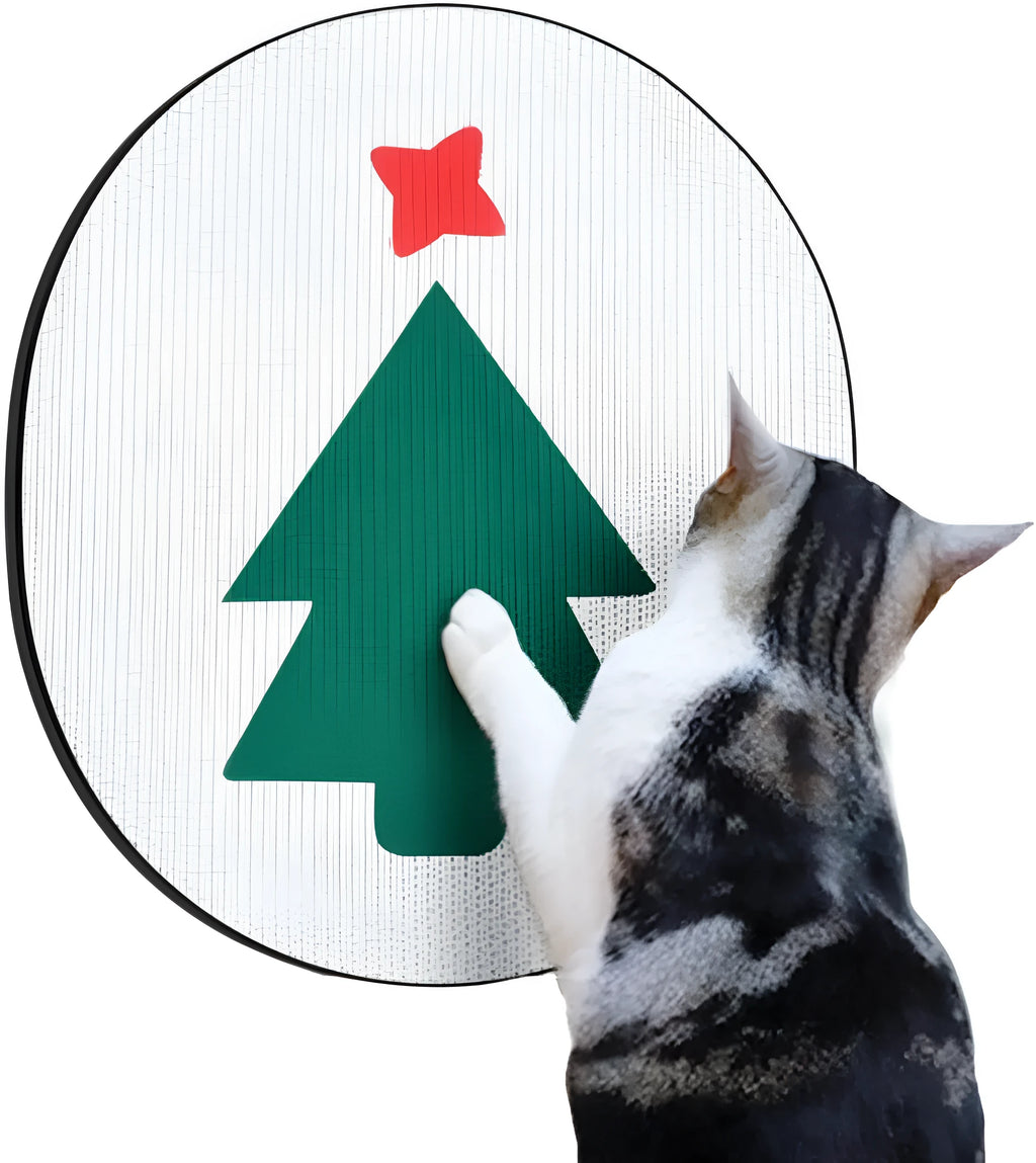 Wall-mounted vertical cat scratch pad made of brown corrugated cardboard on a white wall