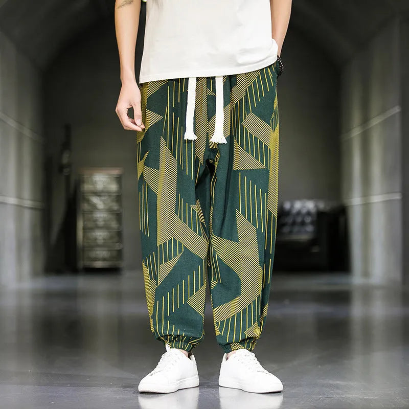 Men's cotton wide leg casual trousers with print, loose fit, available in multiple colours and sizes