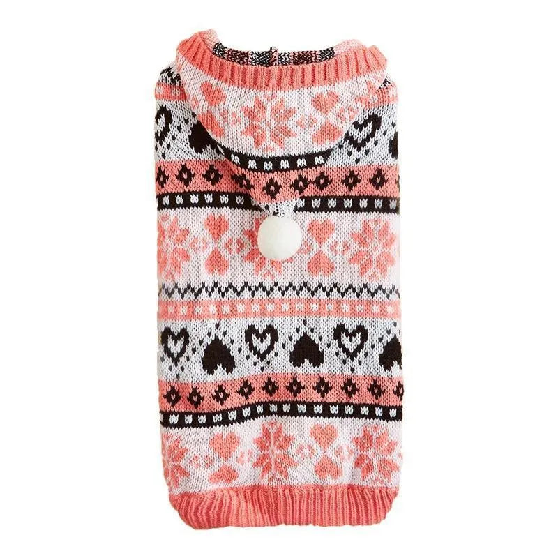 Pink knitted dog sweater with striped camouflage, snowflake, and love pattern on a small dog model.
