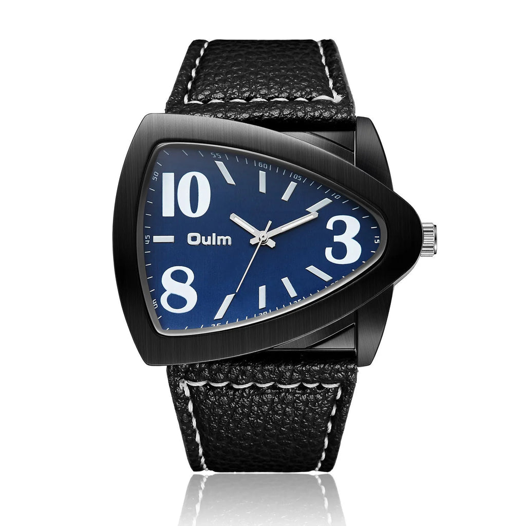 Men's casual watch with triangular belt strap in black, shown on wrist.