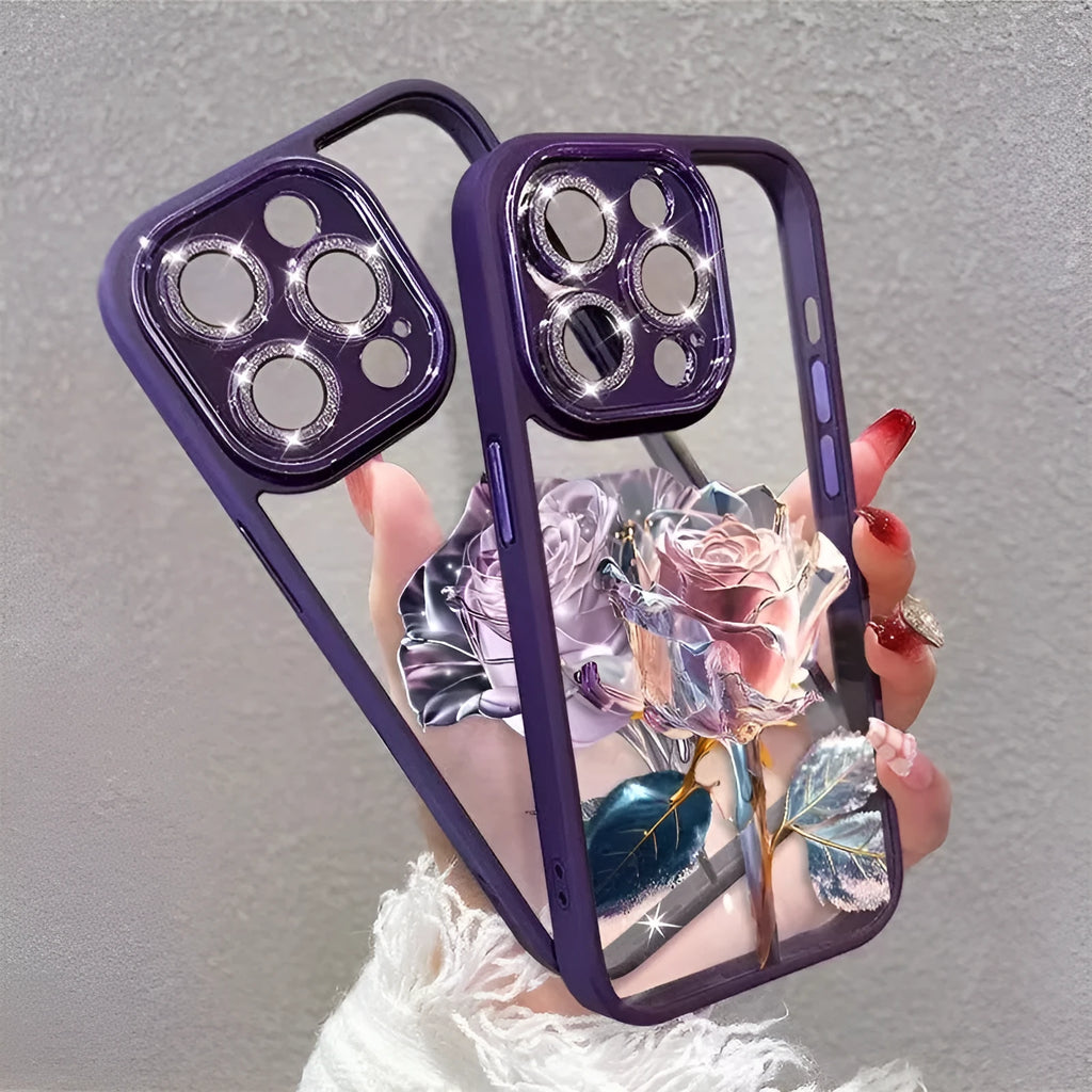 Rose design phone case with sparkling lens film for iPhone models in pink and purple colours