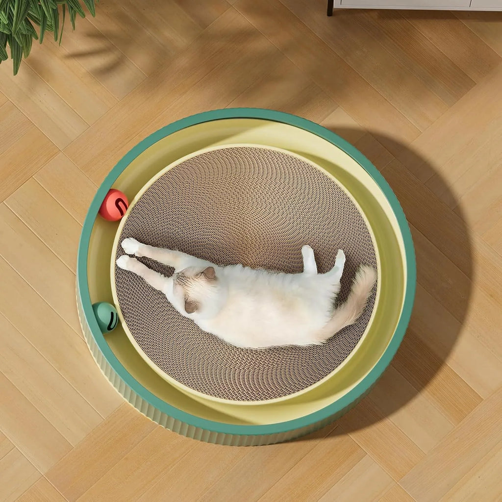 Green and white large round cat scratching board with integrated moving ball toys and a spring plush ball.