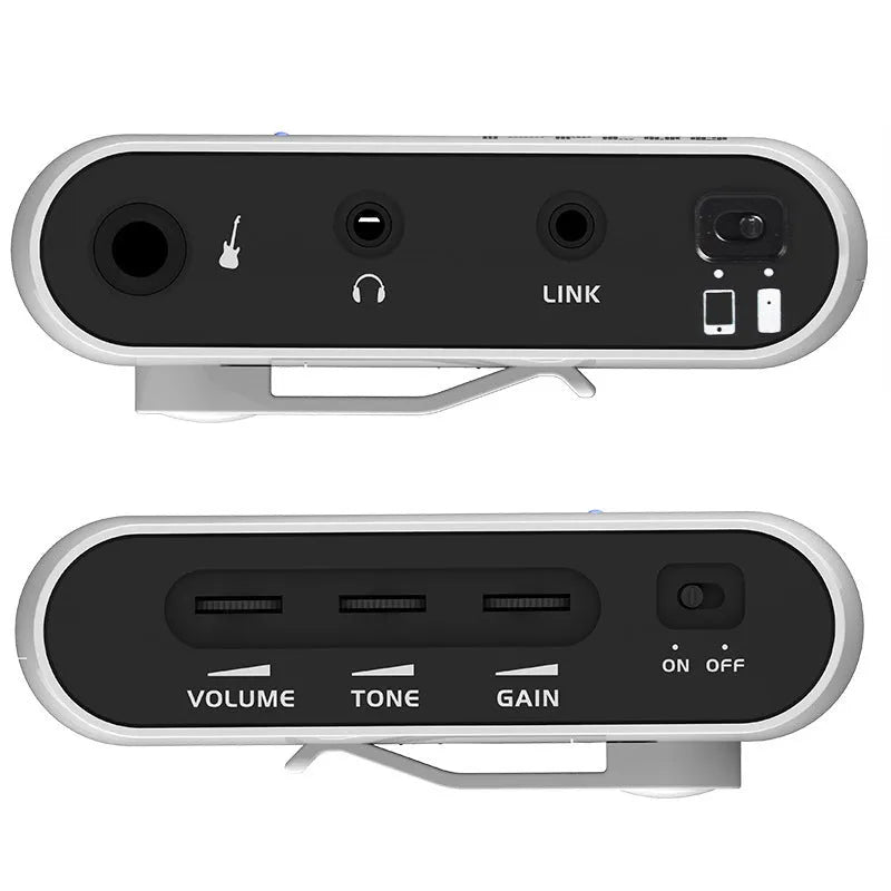 White metal distortion headphone amplifier unit measuring 93mm with connector and adapter