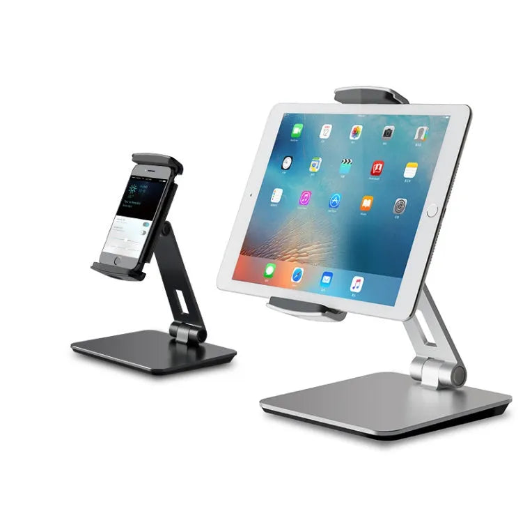 Folding aluminium desktop stand holding a tablet, showing its 360-degree rotation hinge and black/silver colour options.