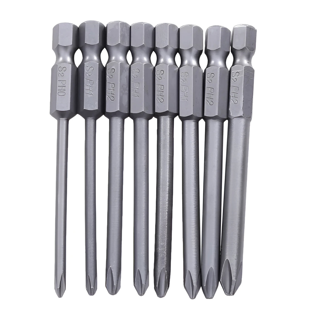 Eight 75mm long magnetic cross-head screwdriver bits with a 1/4 inch hex shank, laid out in a set.