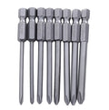 Eight 75mm long magnetic cross-head screwdriver bits with a 1/4 inch hex shank, laid out in a set.