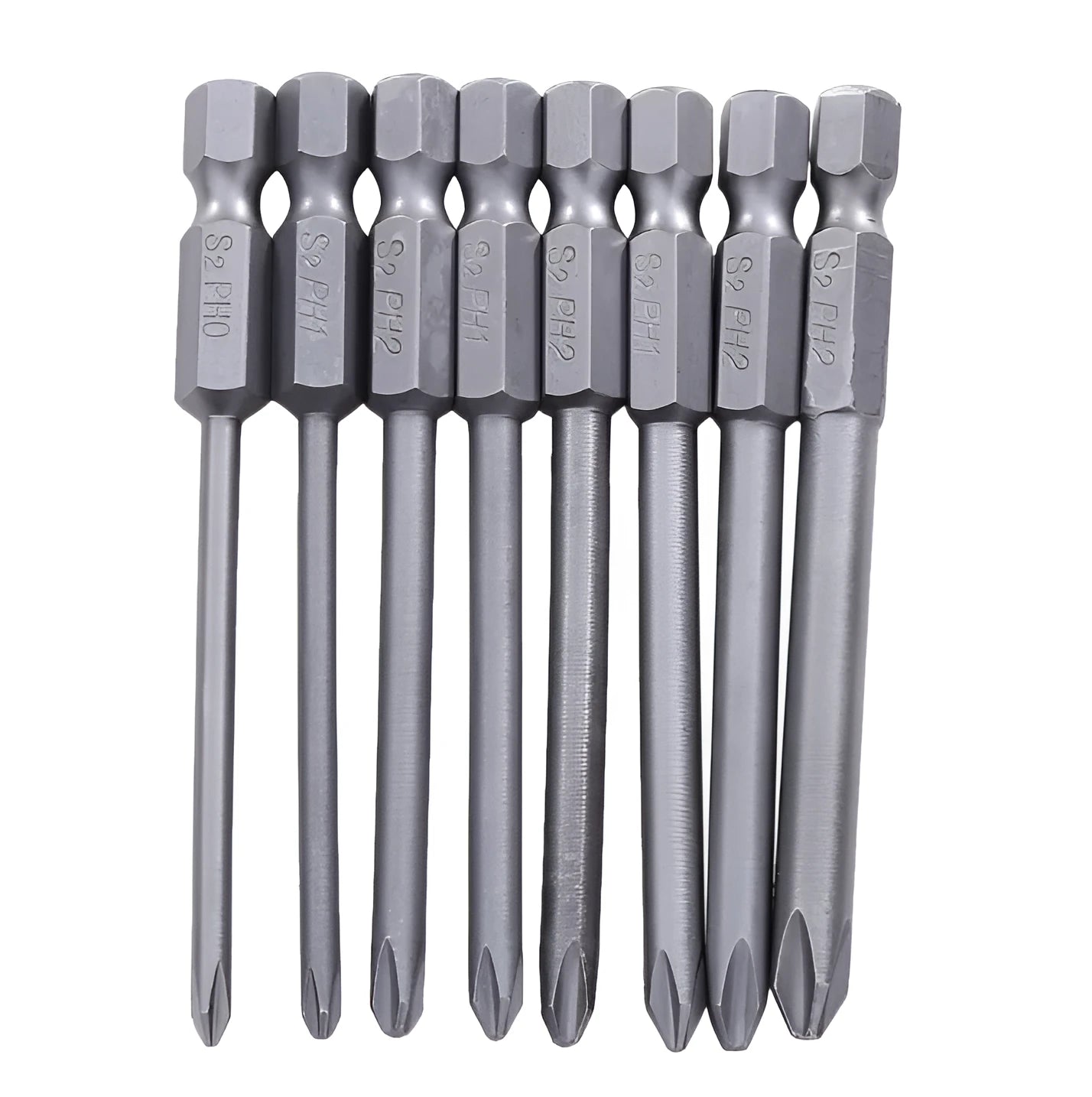 Eight 75mm long magnetic cross-head screwdriver bits with a 1/4 inch hex shank, laid out in a set.