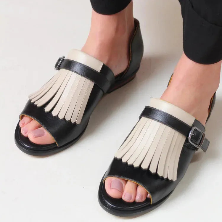 Summer casual flat heel tassel sandals for women in leopard print beige with buckle, size 34-43
