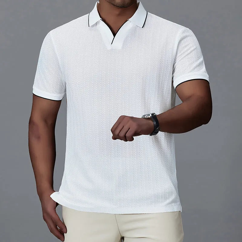 Men's loose-fitting short-sleeved polo shirt in ice silk nylon fabric, shown in black colour.