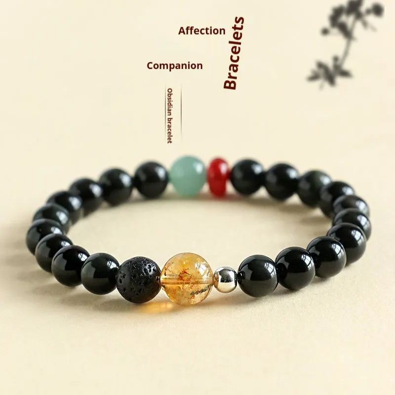 Chinese style obsidian yellow tower crystal agate jade bracelet with 8mm or 10mm bead options