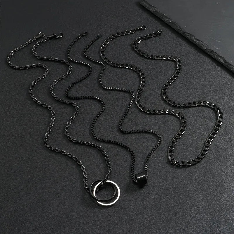 Men's black stainless steel necklace set with geometric titanium steel pendant and ring buckle.