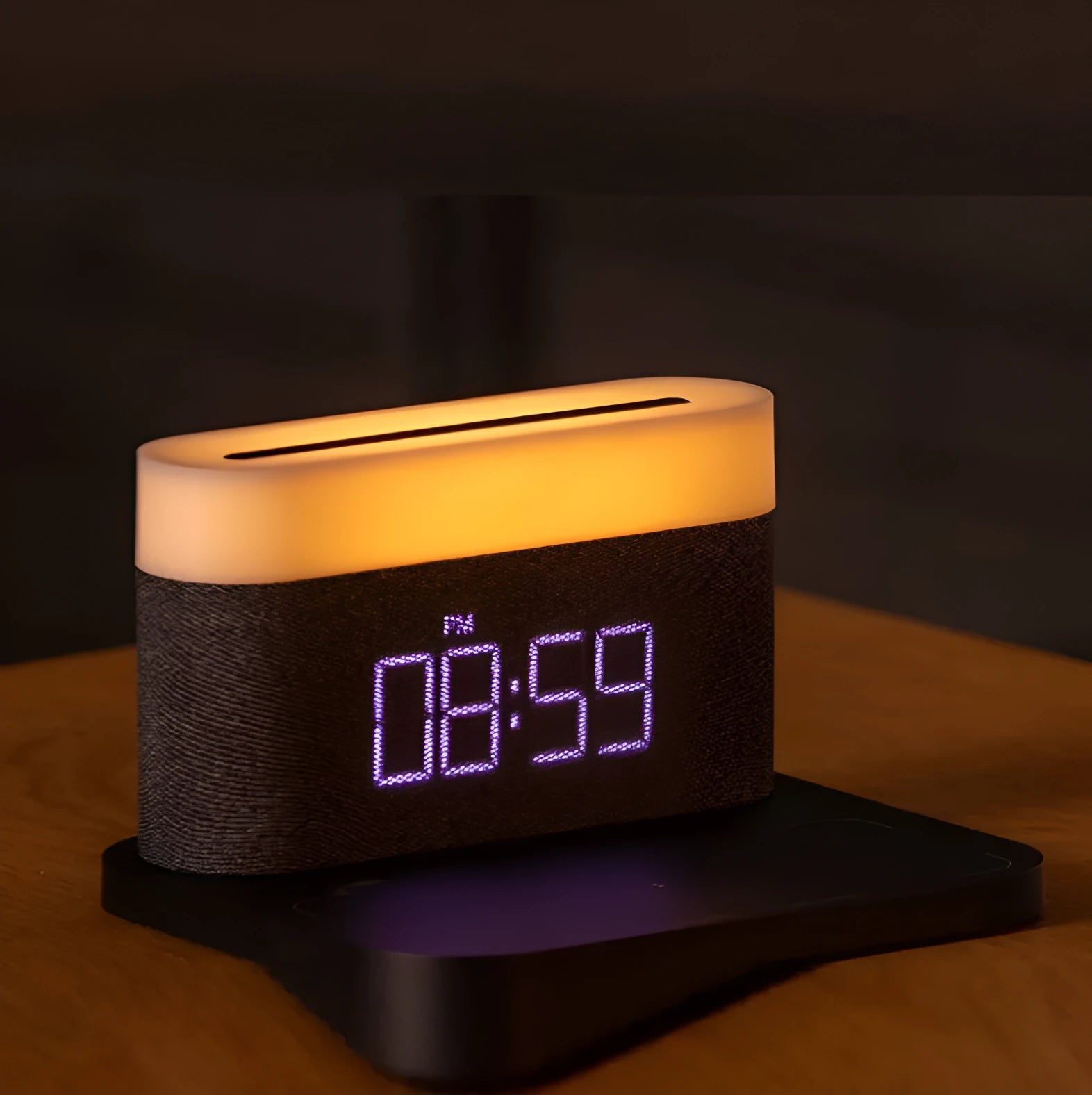 White or black table lamp with integrated wireless phone charger and digital clock display