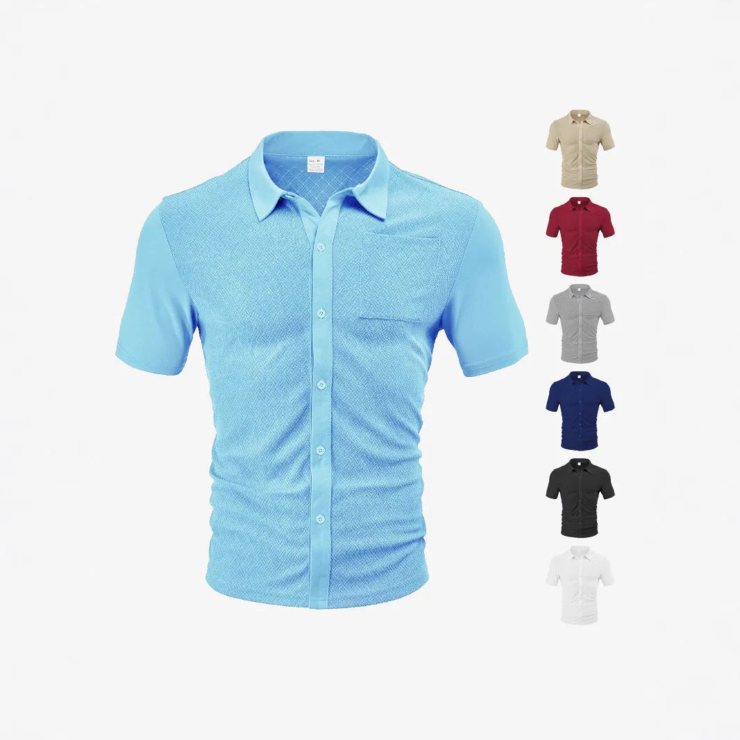 Loose breathable lapel cardigan in jacquard short sleeve style, available in multiple colours including navy blue and khaki