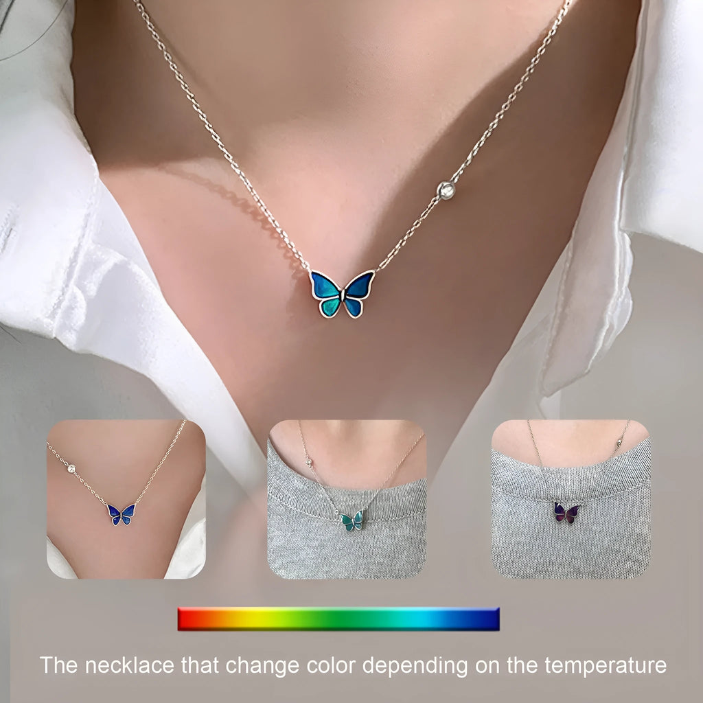 S925 silver butterfly necklace with white silver colour-change pendant on display