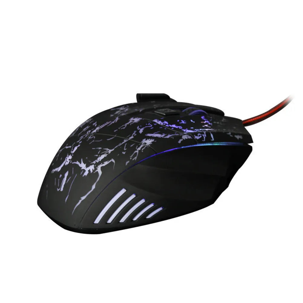 Black wired optical gaming mouse with transparent shell and luminous glow on a desk