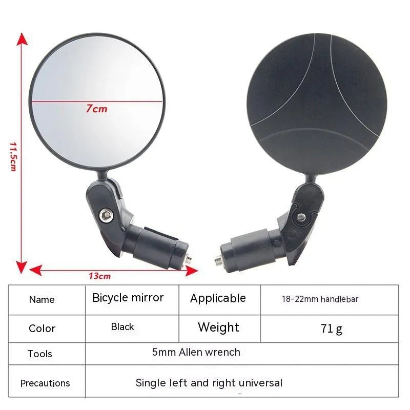 Black foldable convex rearview mirror showing 7cm diameter reflector and adjustable rotation mechanism