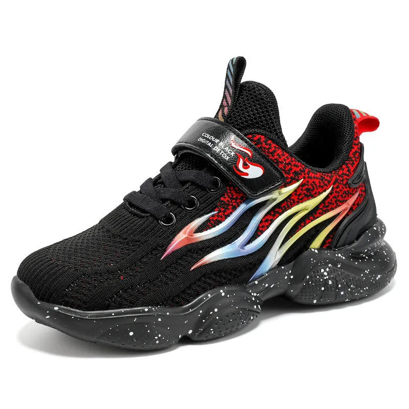 Boys fashion sneakers with mesh textile upper and rubber sole in beige, black gold, or black red