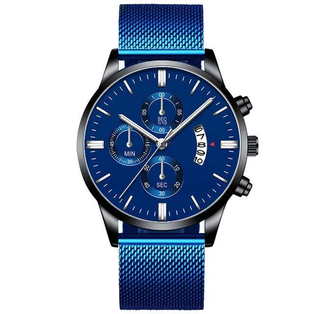 Men's stainless steel mesh band quartz watch with analog display and coloured case options.