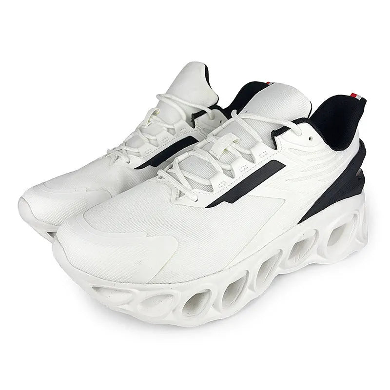 Men's low-top casual sports shoe in black mesh with white sole and lace-up front.