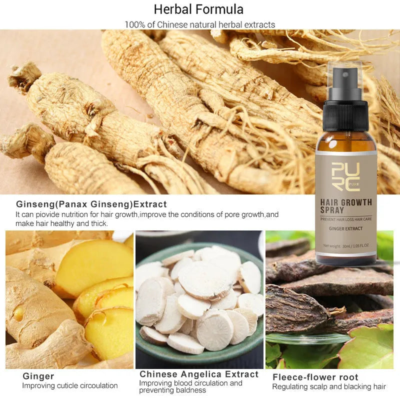 30ml hair growth spray bottle with ginger ginseng polygonum and grape seed oil for scalp and hair roots