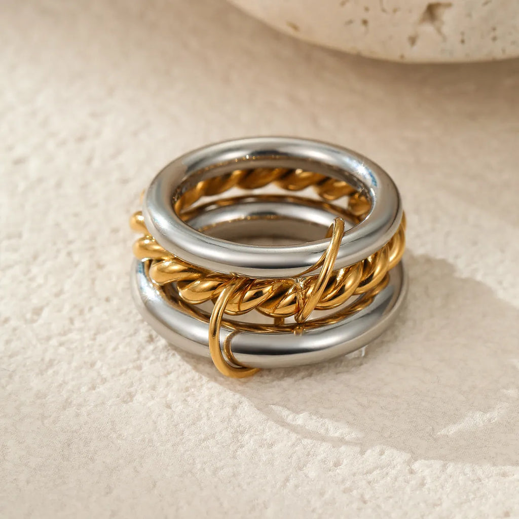 Stackable stainless steel ring with 18K gold plating in three colour options for women