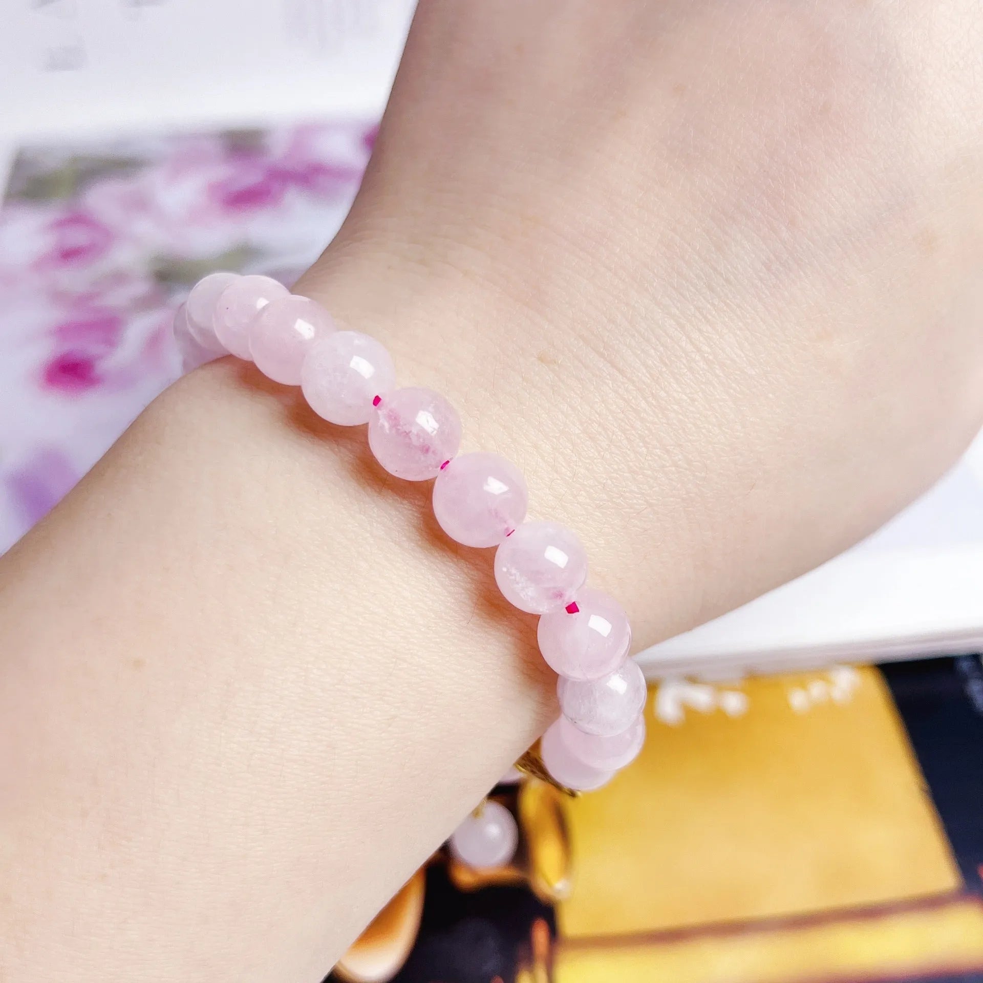 Pink crystal bracelet with peach blossom charm, handmade women's jewellery