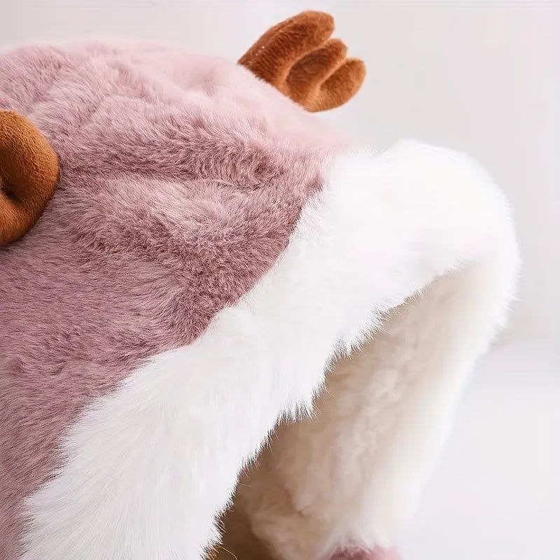 Cute deer plush winter hat with scarf for girls, 44-54cm, in blue, khaki, pink, or white.