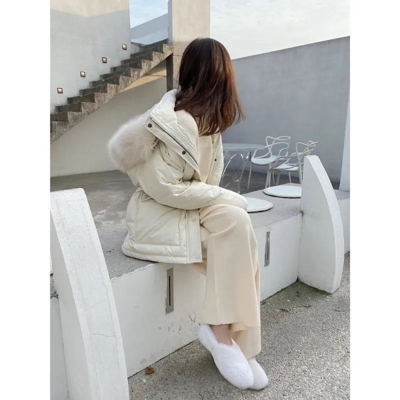 Women's cream white knitted wide-leg high waist trousers for autumn winter casual wear