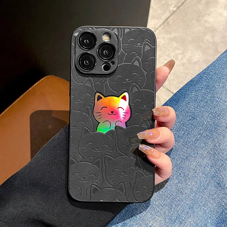 Laser full screen bear cat phone case in TPU imitation leather, yellow black silver grey, for Apple iPhone 11 to 15