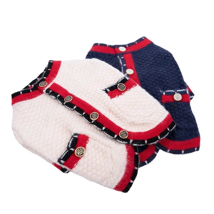 Blue wool blend dog cardigan in classic princess style shown on mannequin
