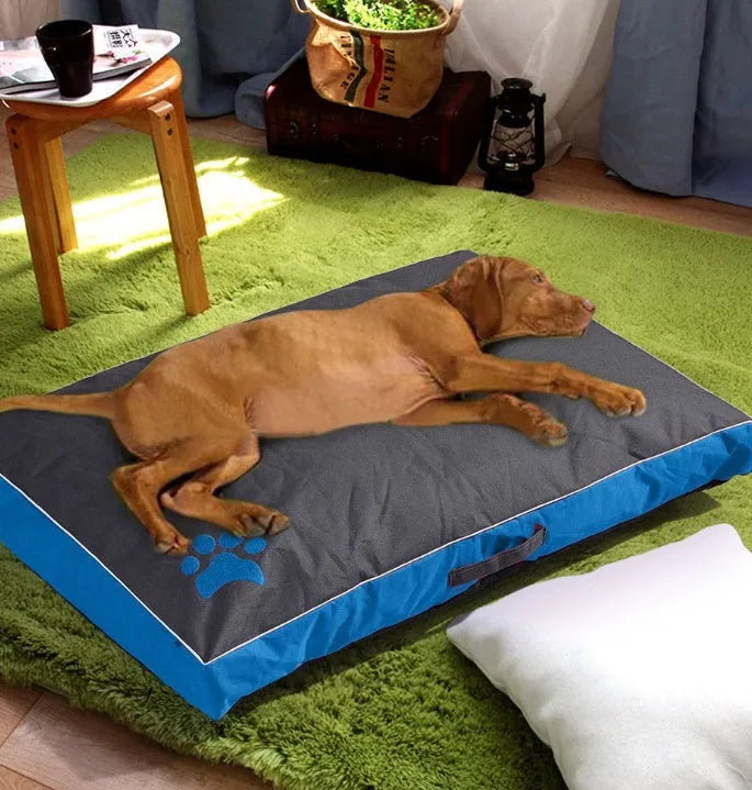Waterproof Oxford cloth dog bed with removable washable cover and non-slip bottom, red blue black, sizes M to XXL
